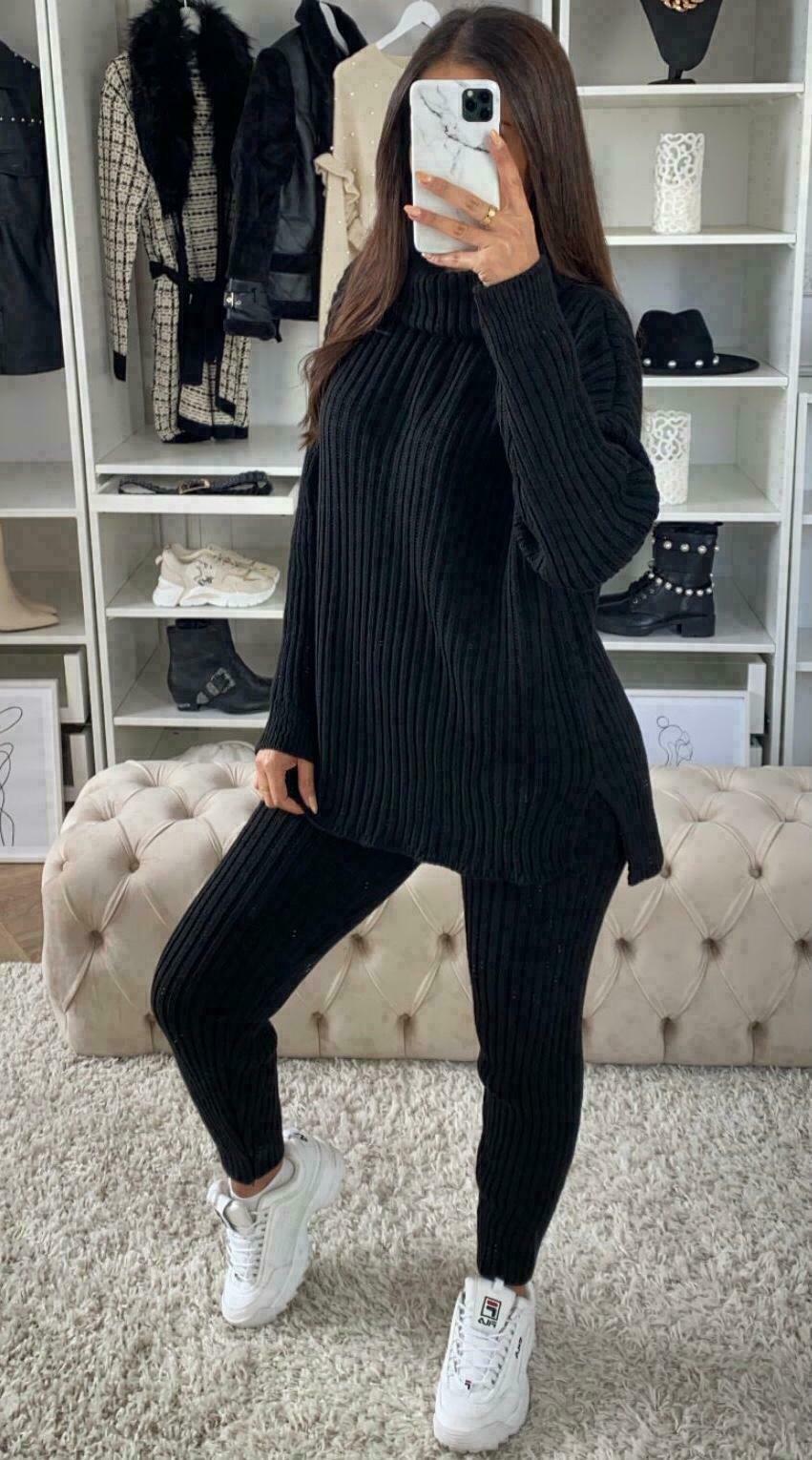 Ladies Chunky Knitted Ribbed Polo High Neck Top Leggings Loungewear