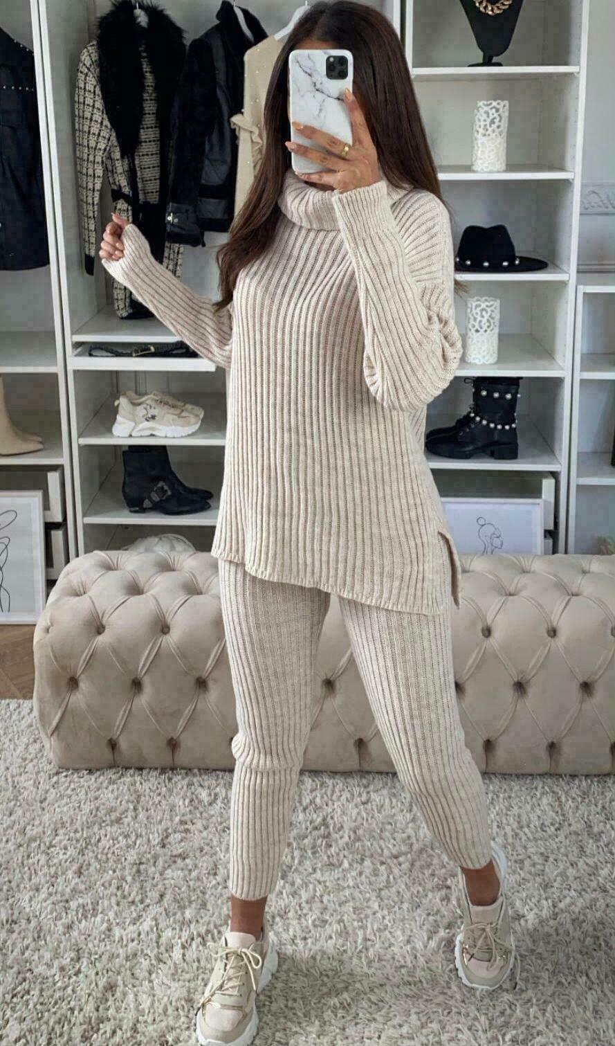 Ladies Chunky Knitted Ribbed Polo High Neck Top Leggings Loungewear